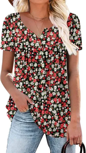 ROSELINLIN Women's Short Sleeve Shirts Floral Summer Tops Loose Fit for Leggings