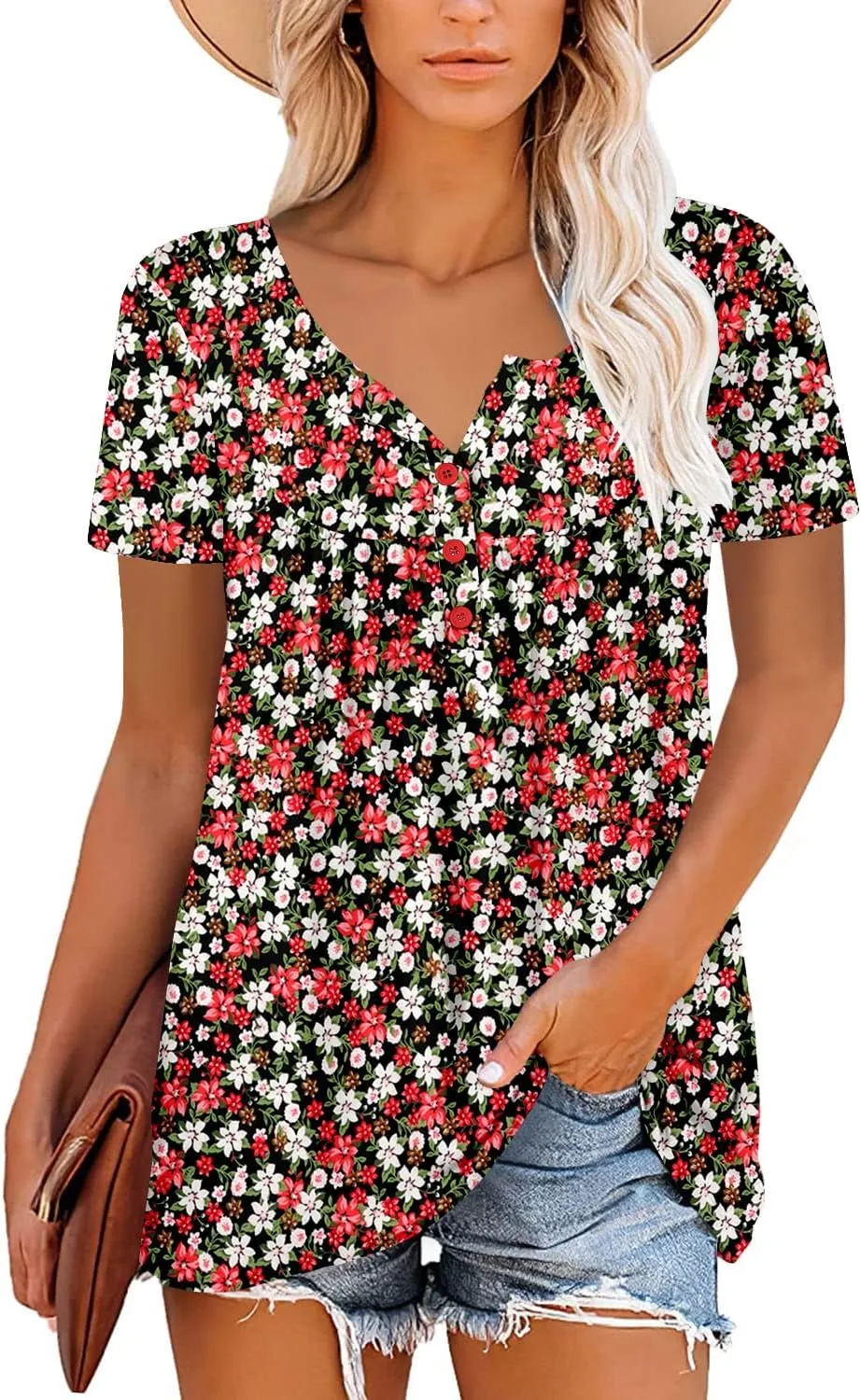 ROSELINLIN Women's Short Sleeve Shirts Floral Summer Tops Loose Fit for Leggings