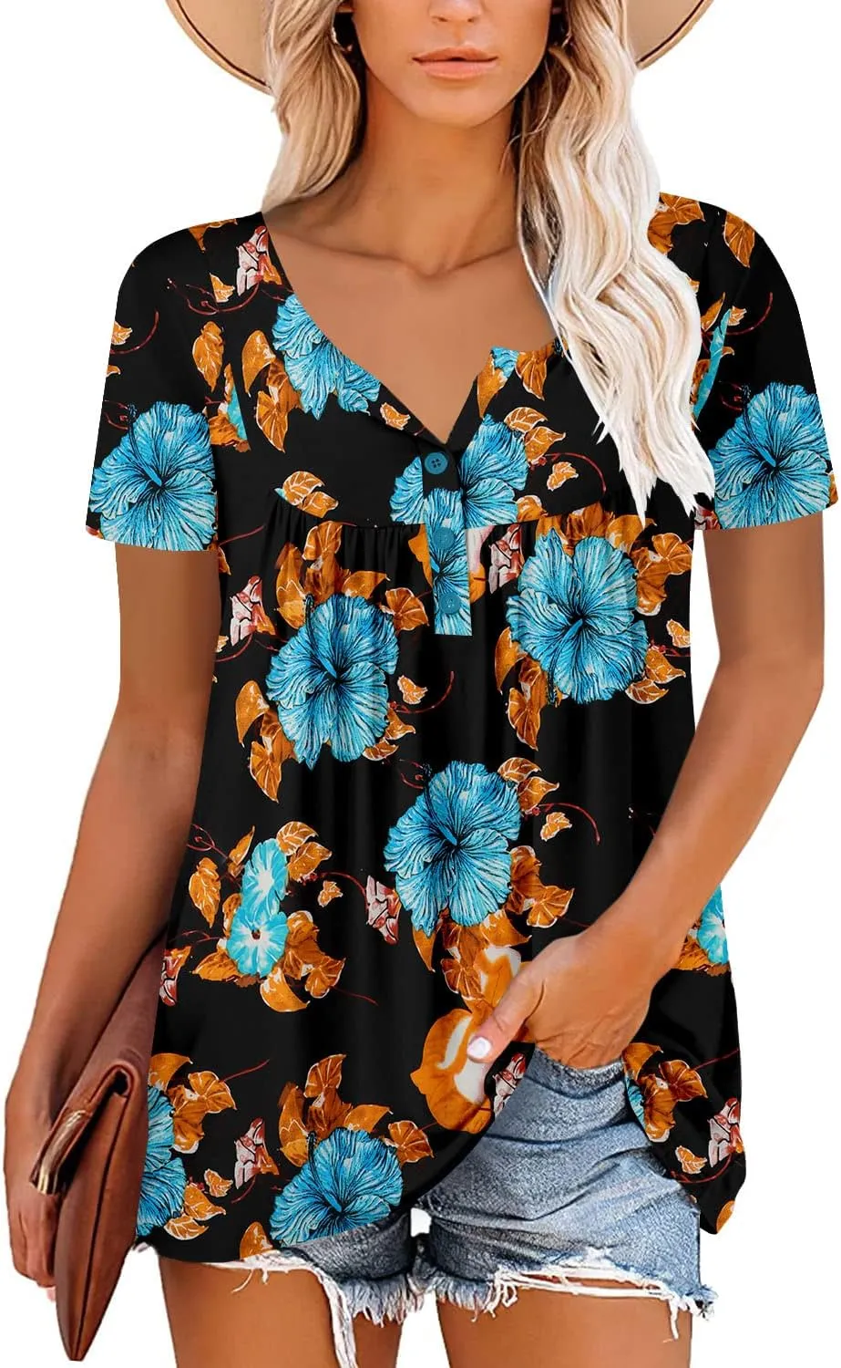 ROSELINLIN Women's Short Sleeve Shirts Floral Summer Tops Loose Fit for Leggings