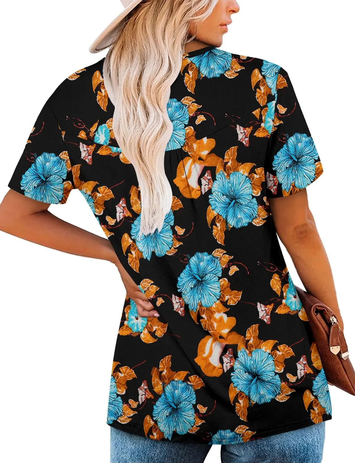 ROSELINLIN Women's Short Sleeve Shirts Floral Summer Tops Loose Fit for Leggings