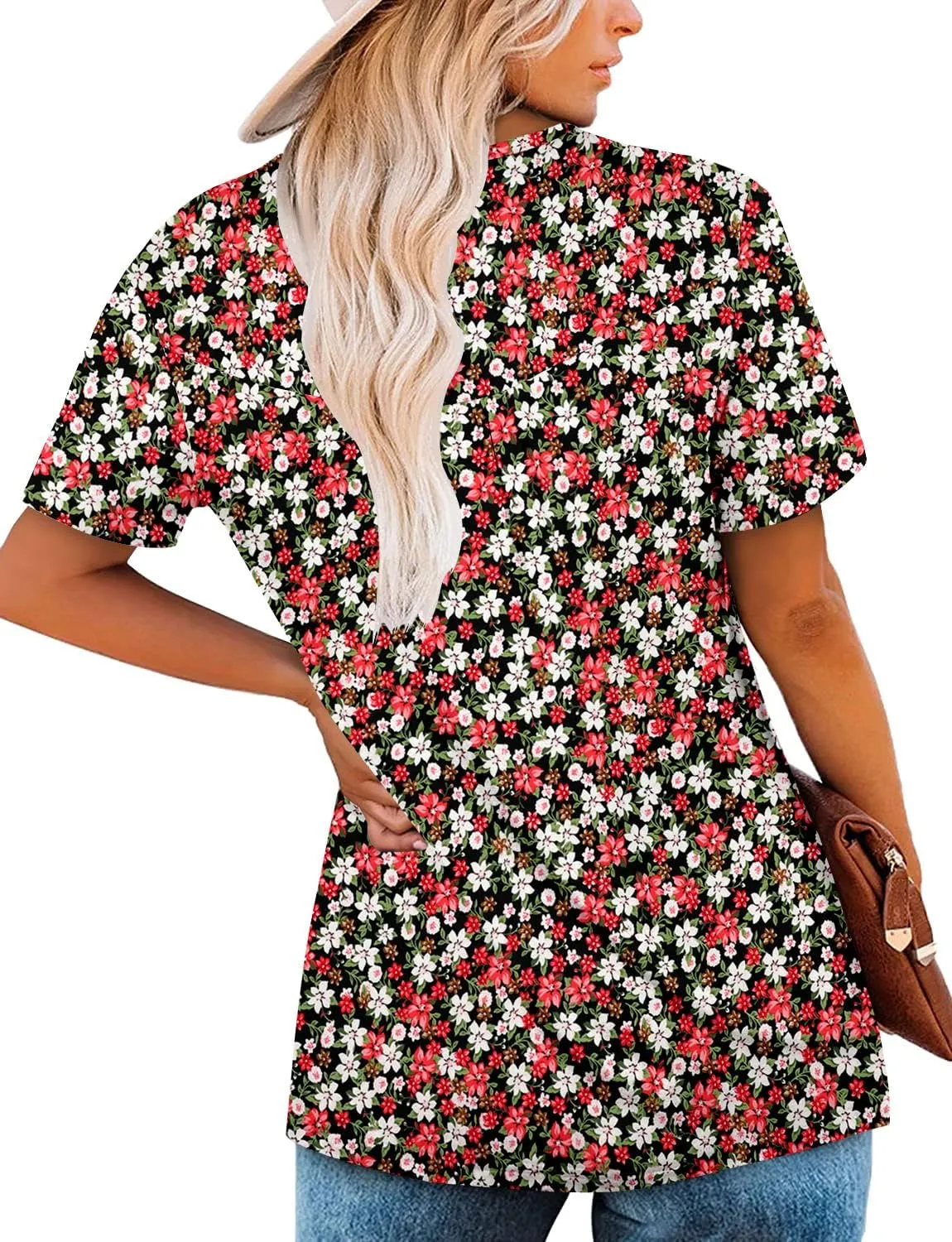 ROSELINLIN Women's Short Sleeve Shirts Floral Summer Tops Loose Fit for Leggings