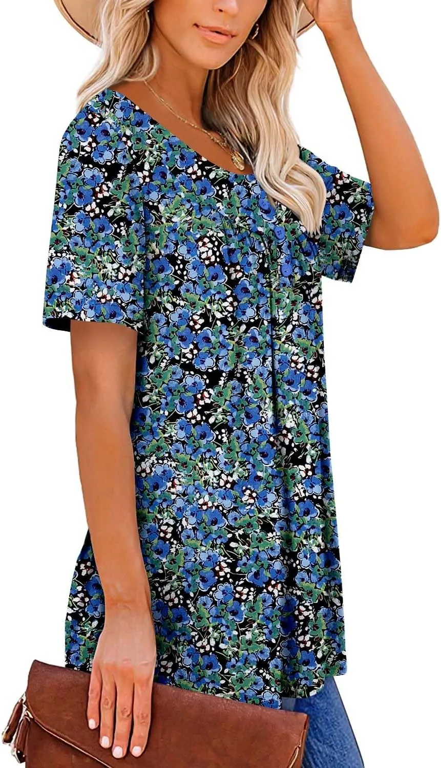 ROSELINLIN Women's Short Sleeve Shirts Floral Summer Tops Loose Fit for Leggings