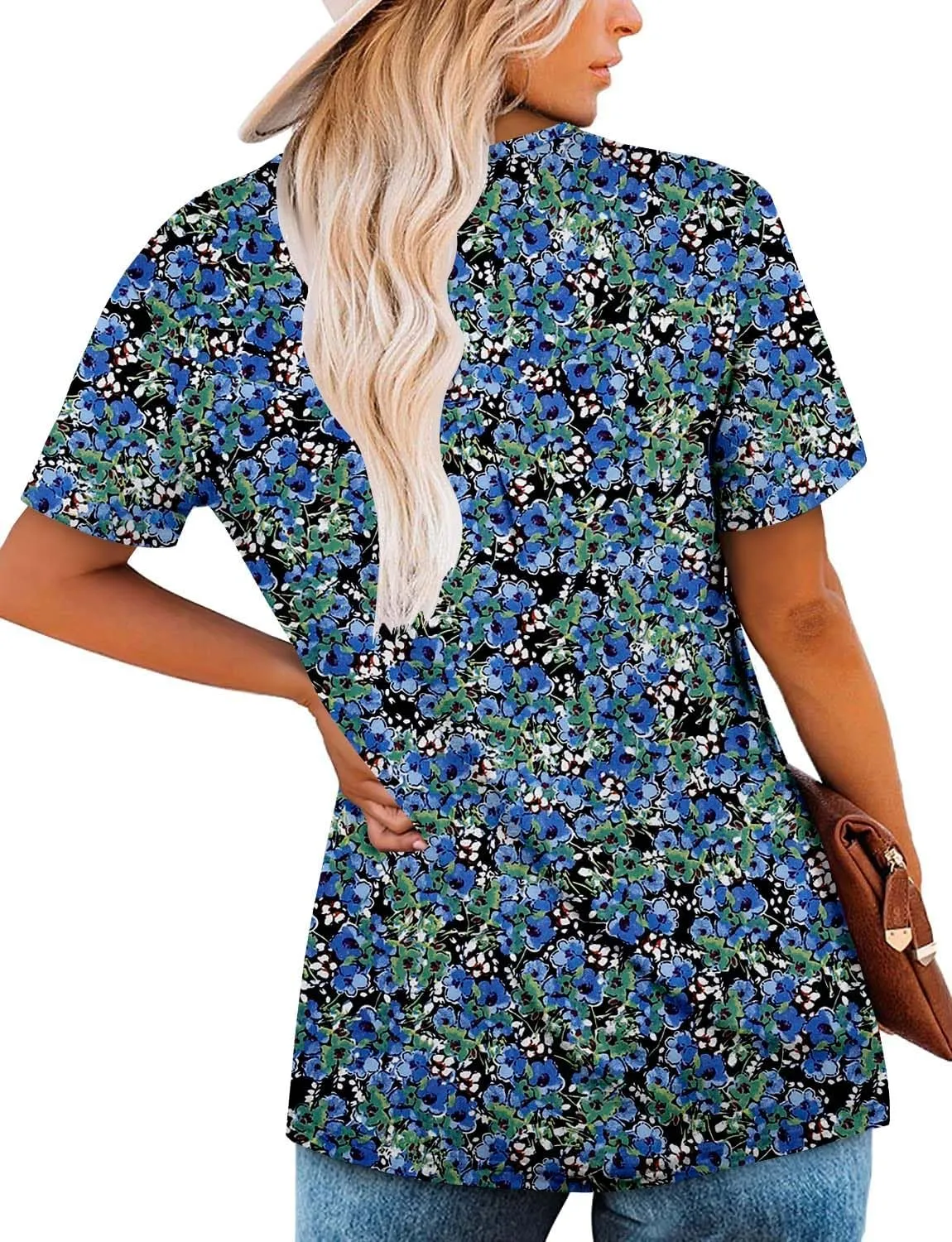 ROSELINLIN Women's Short Sleeve Shirts Floral Summer Tops Loose Fit for Leggings