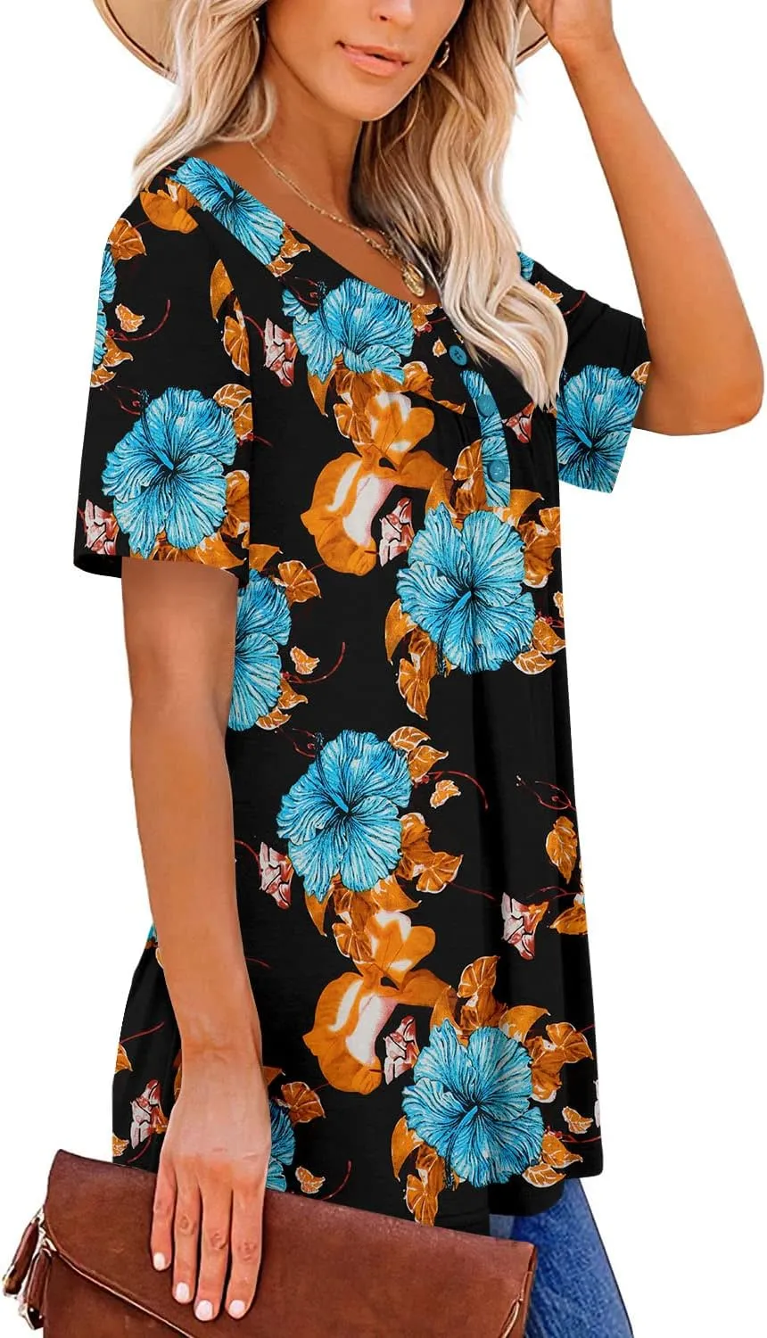 ROSELINLIN Women's Short Sleeve Shirts Floral Summer Tops Loose Fit for Leggings