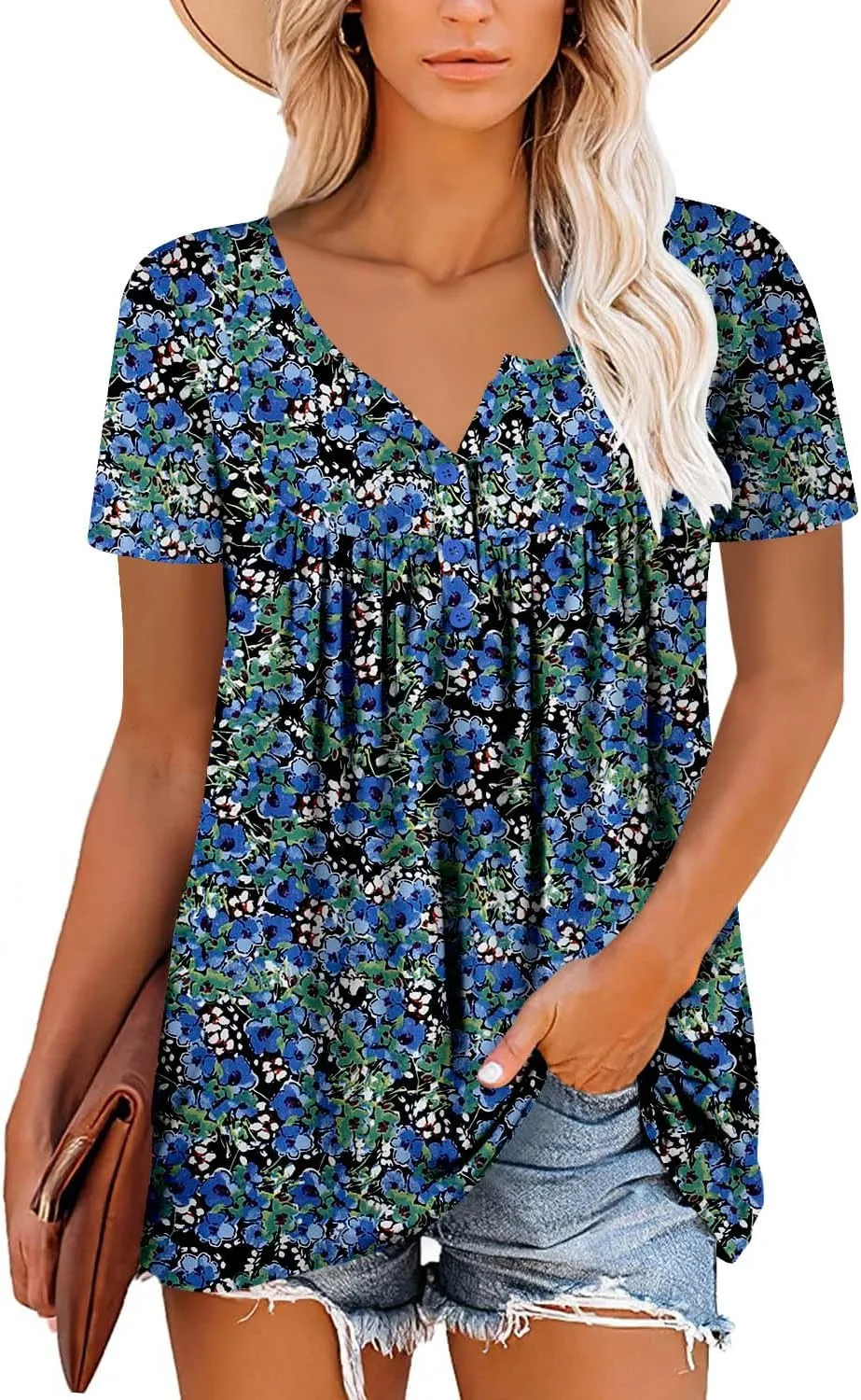 ROSELINLIN Women's Short Sleeve Shirts Floral Summer Tops Loose Fit for Leggings