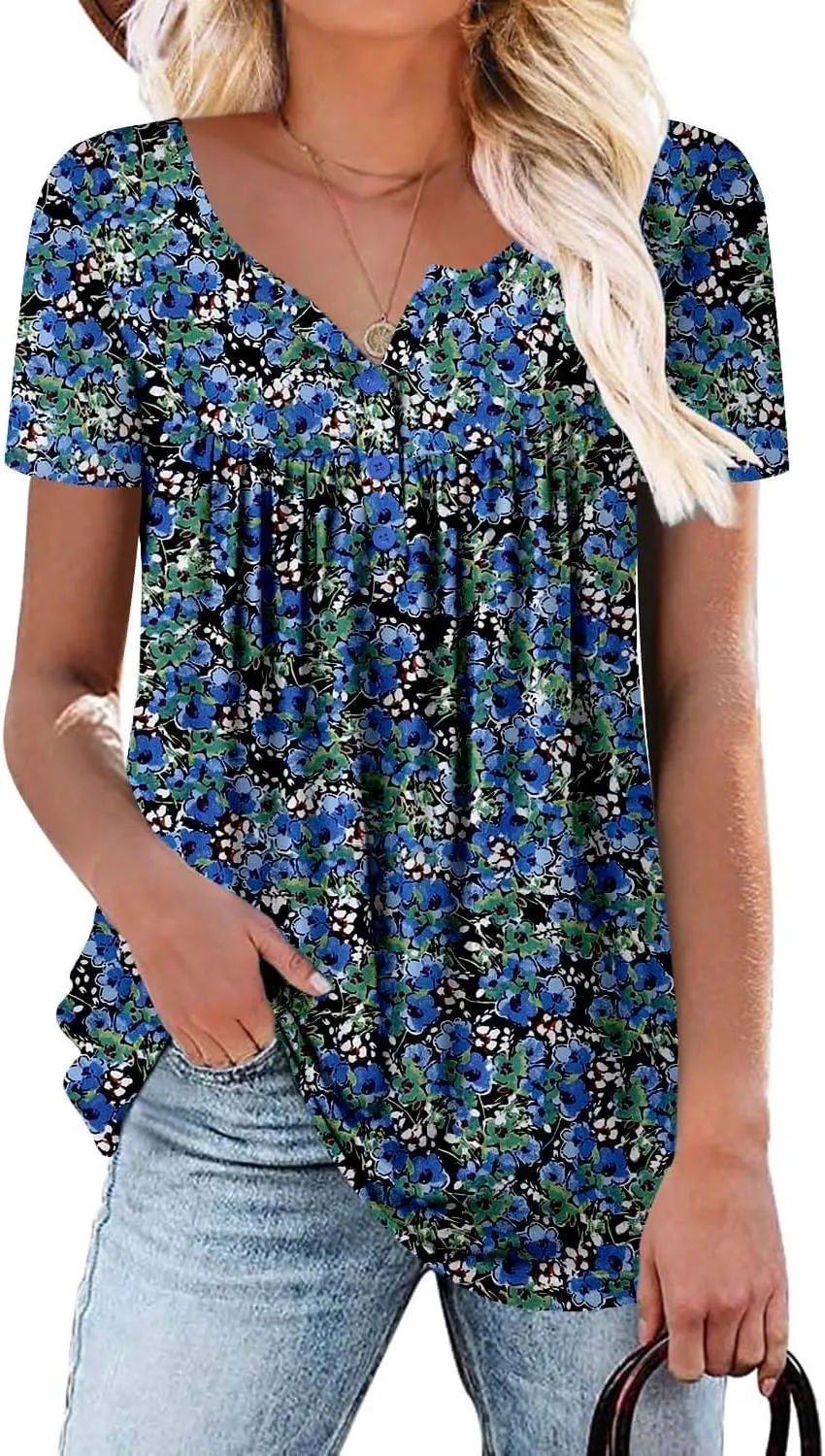 ROSELINLIN Women's Short Sleeve Shirts Floral Summer Tops Loose Fit for Leggings