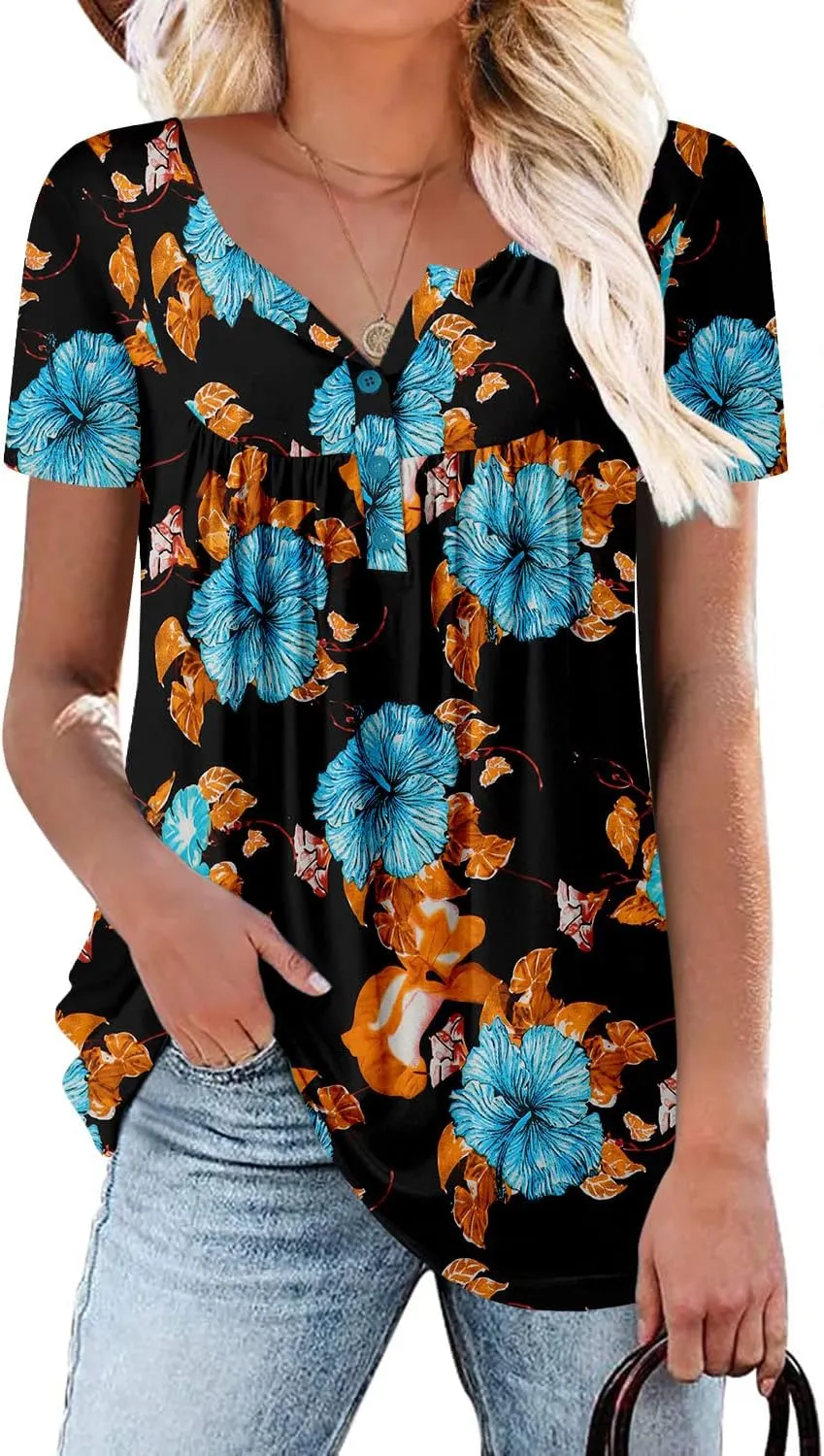 ROSELINLIN Women's Short Sleeve Shirts Floral Summer Tops Loose Fit for Leggings
