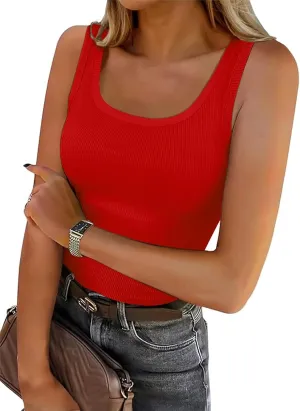 Roselux Women's Sleeveless Scoop Neck Fitted Tank Top Ribbed Knit Casual Basic Cami Shirts