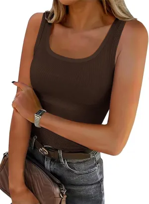 Roselux Women's Sleeveless Scoop Neck Fitted Tank Top Ribbed Knit Casual Basic Cami Shirts