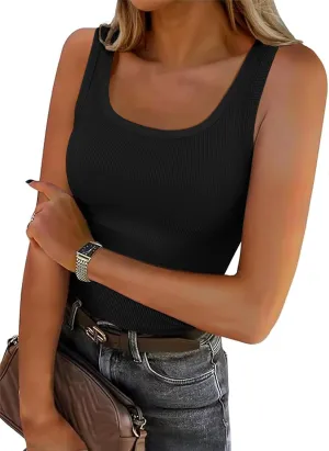Roselux Women's Sleeveless Scoop Neck Fitted Tank Top Ribbed Knit Casual Basic Cami Shirts