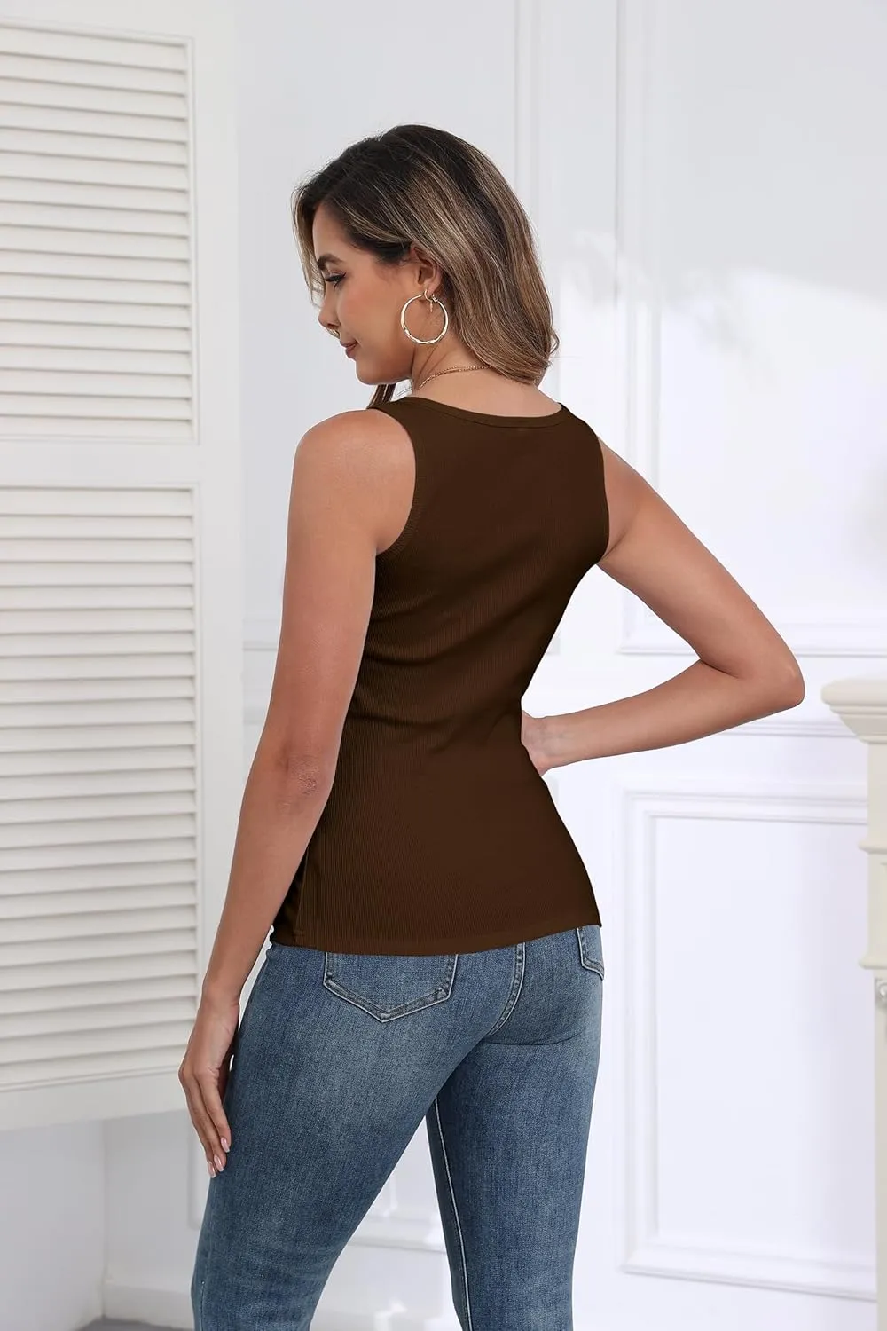 Roselux Women's Sleeveless Scoop Neck Fitted Tank Top Ribbed Knit Casual Basic Cami Shirts