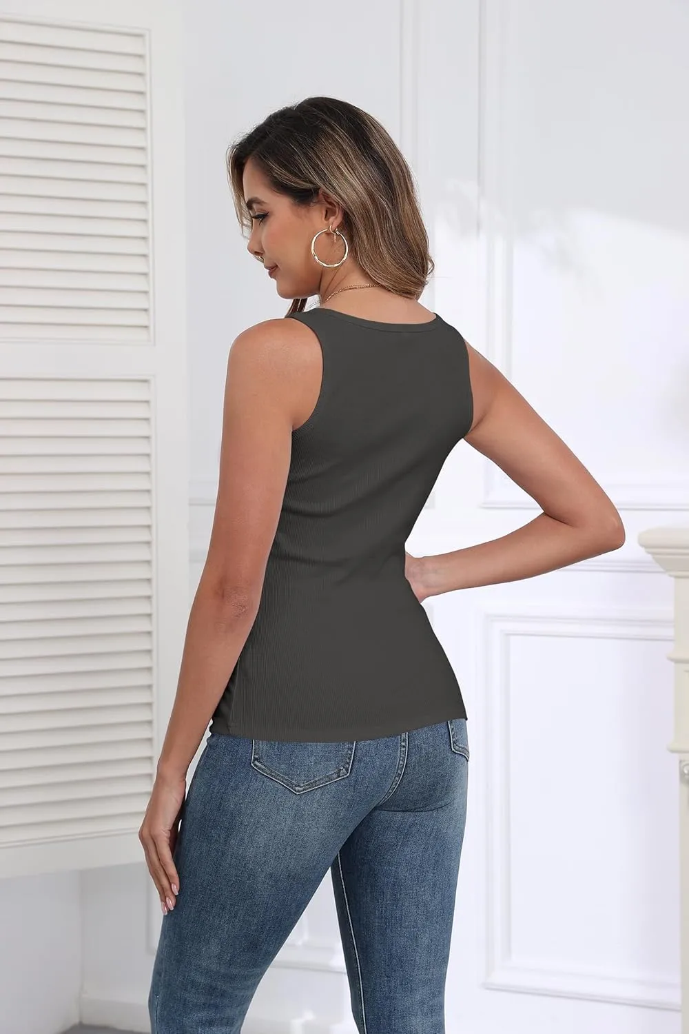 Roselux Women's Sleeveless Scoop Neck Fitted Tank Top Ribbed Knit Casual Basic Cami Shirts