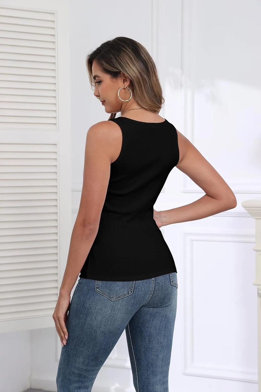 Roselux Women's Sleeveless Scoop Neck Fitted Tank Top Ribbed Knit Casual Basic Cami Shirts