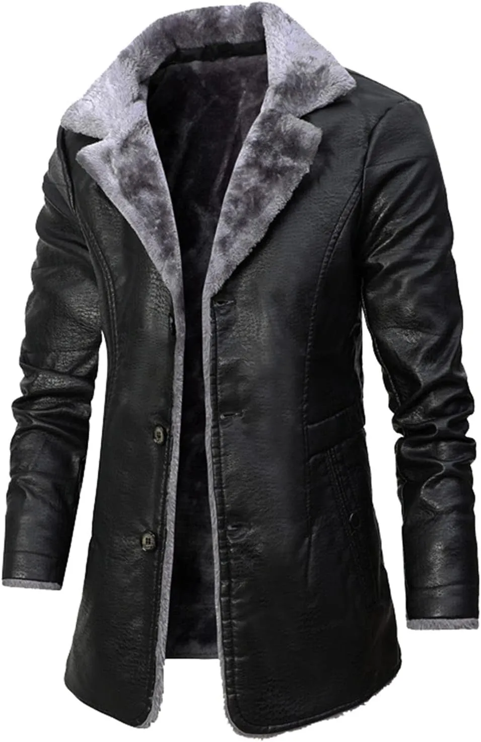 RTRDE Mens Faux Leather Coat Lapel Collar Sherpa Lined Jacket Winter Warm Pea Coat Work Jacket, XL-4XL