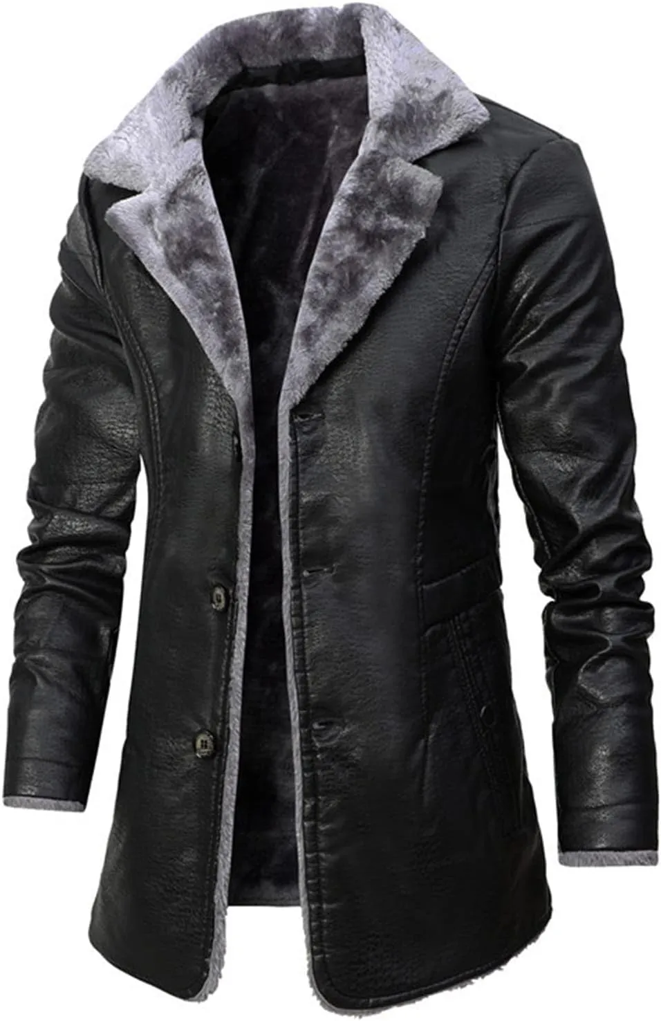 RTRDE Mens Faux Leather Coat Lapel Collar Sherpa Lined Jacket Winter Warm Pea Coat Work Jacket, XL-4XL