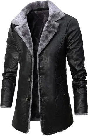 RTRDE Mens Faux Leather Coat Lapel Collar Sherpa Lined Jacket Winter Warm Pea Coat Work Jacket, XL-4XL