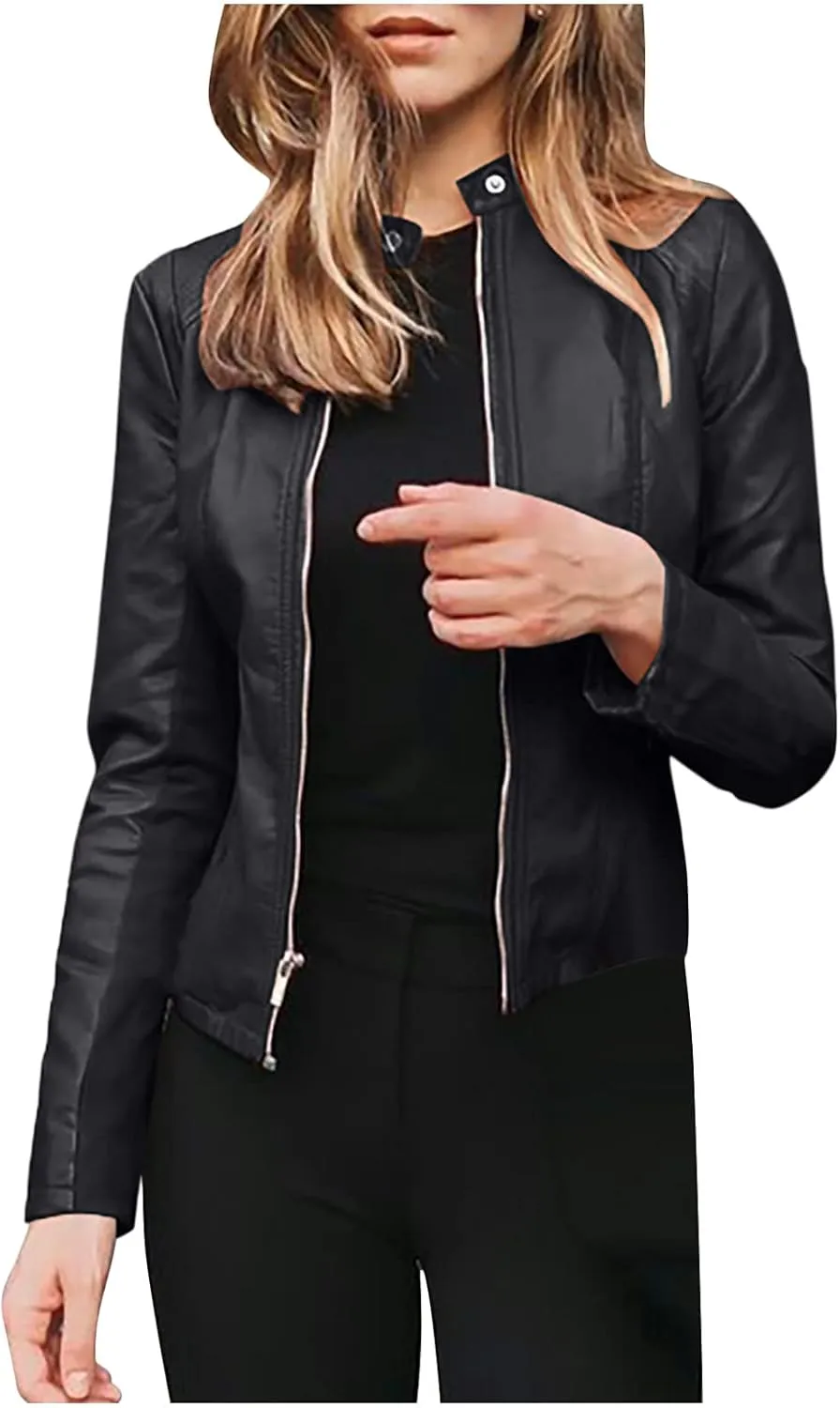 Ruziyoog Women's Faux Leather Jacket Lightweight Casual Zip Up Slim Short Moto PU Coat Motorcycle Bomber Jackets Outwear