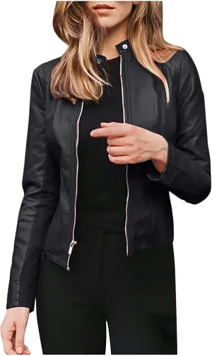 Ruziyoog Women's Faux Leather Jacket Lightweight Casual Zip Up Slim Short Moto PU Coat Motorcycle Bomber Jackets Outwear