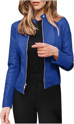 Ruziyoog Women's Pu Faux Leather Jacket Long Sleeve Open Front Coats Lightweight Casual Slim Short Motorcycle Bomber Outwear