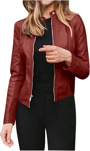 Ruziyoog Women's Pu Faux Leather Jacket Long Sleeve Open Front Coats Lightweight Casual Slim Short Motorcycle Bomber Outwear