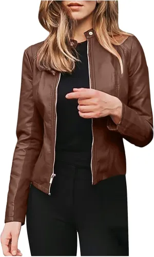 Ruziyoog Women's Pu Faux Leather Jacket Long Sleeve Open Front Coats Lightweight Casual Slim Short Motorcycle Bomber Outwear