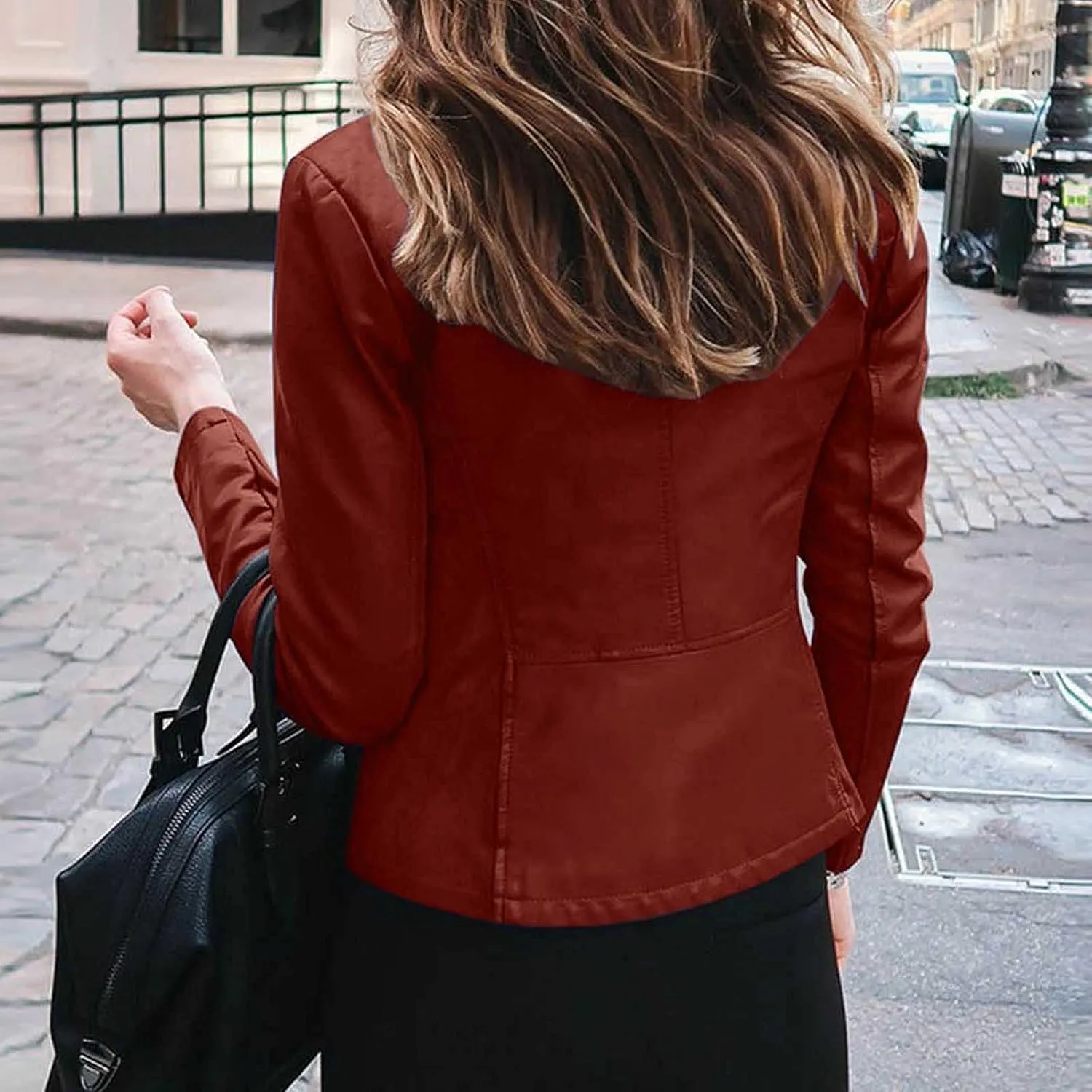 Ruziyoog Women's Pu Faux Leather Jacket Long Sleeve Open Front Coats Lightweight Casual Slim Short Motorcycle Bomber Outwear