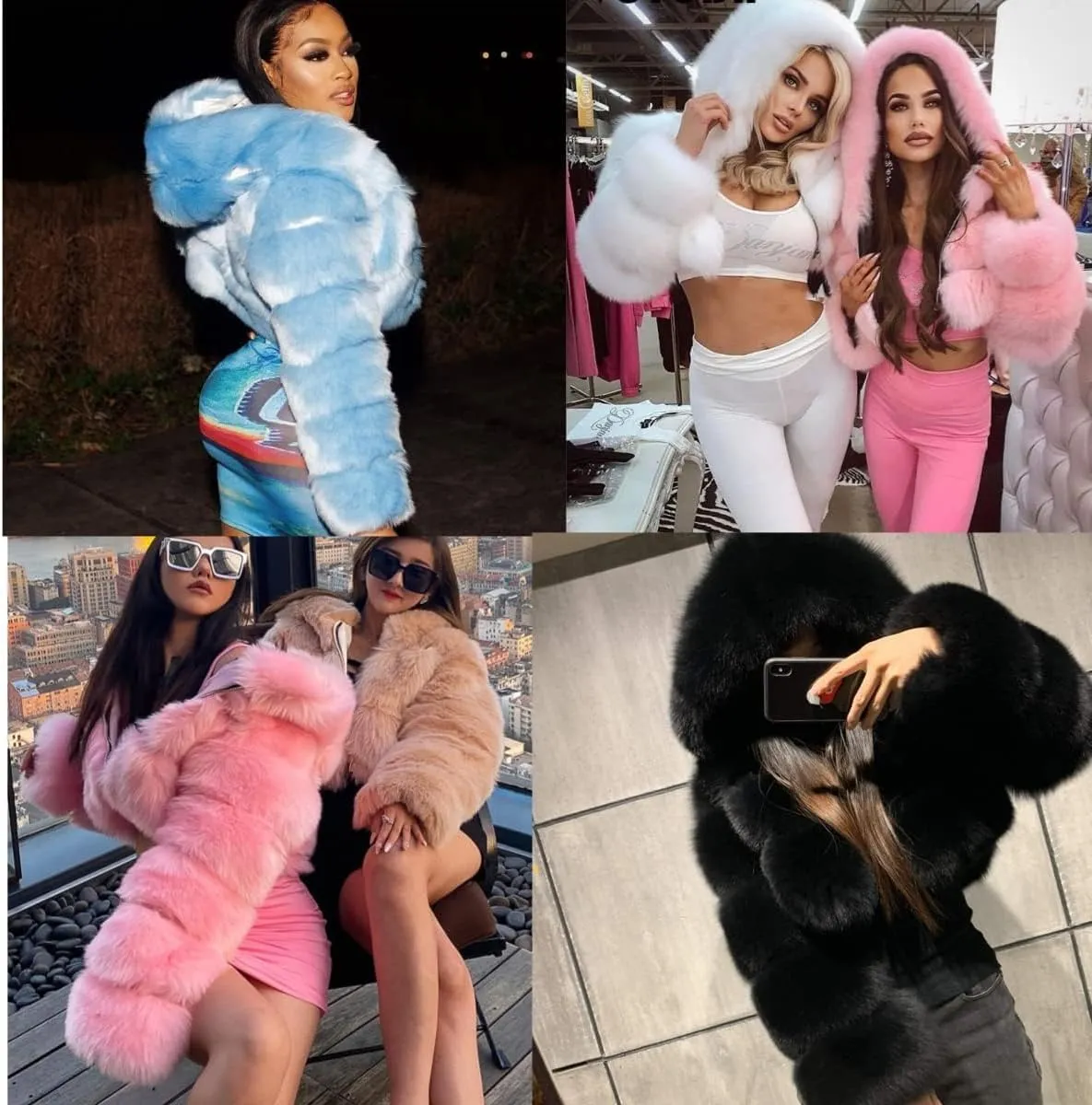 SACFOF Women Fluffy Faux Fur Coat Cropped Jacket Puffer Zip Up Winter Warm Fuzzy Teddy Hooded Outwear