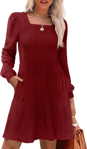 SAMPEEL Womens Square Neck Long Sleeve Fall Dresses Casual Babydoll Sweater Dress