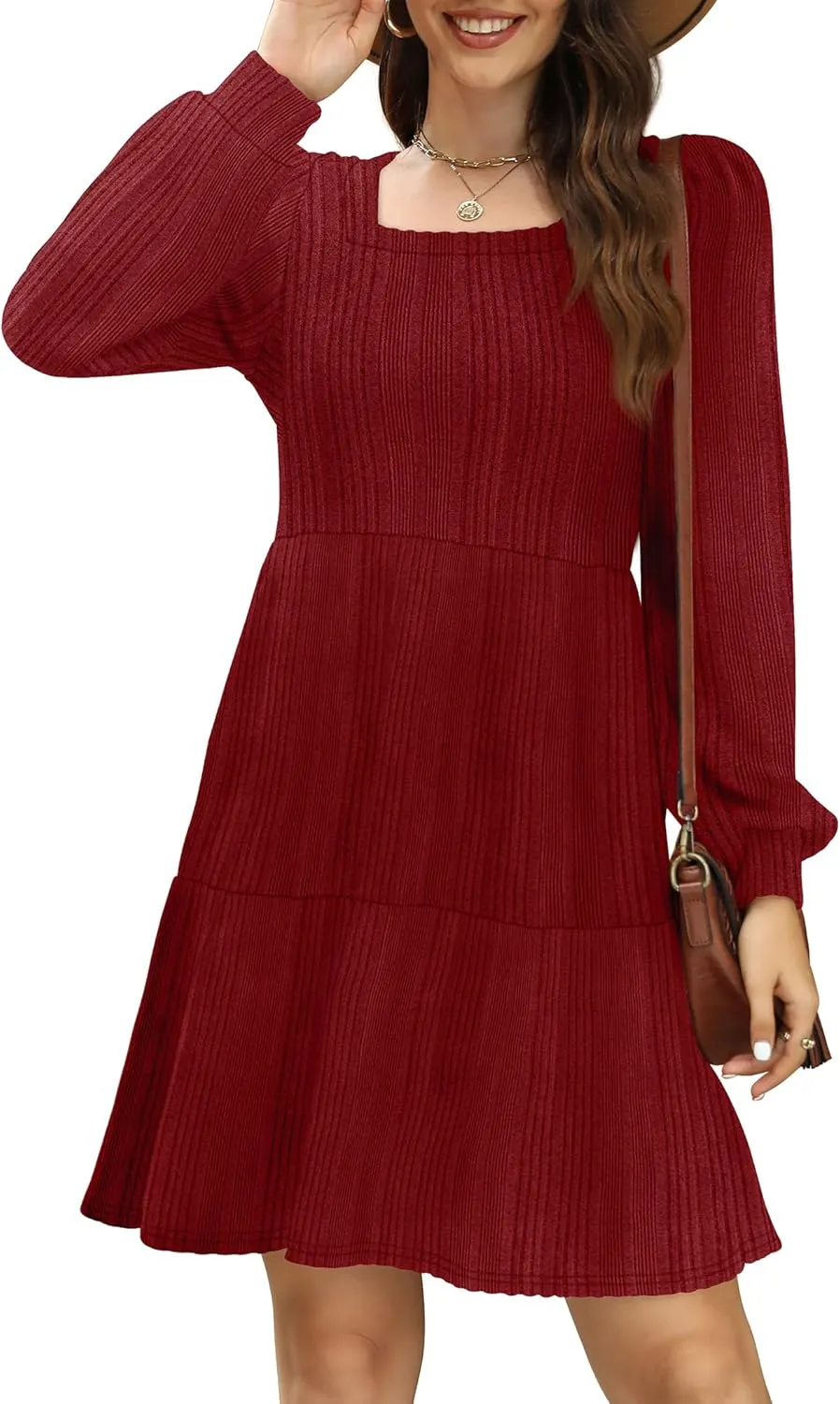 SAMPEEL Womens Square Neck Long Sleeve Fall Dresses Casual Babydoll Sweater Dress