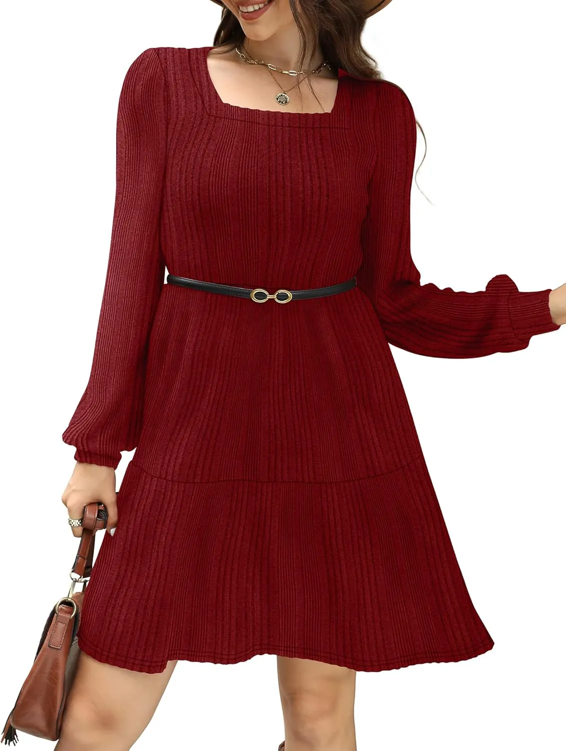 SAMPEEL Womens Square Neck Long Sleeve Fall Dresses Casual Babydoll Sweater Dress