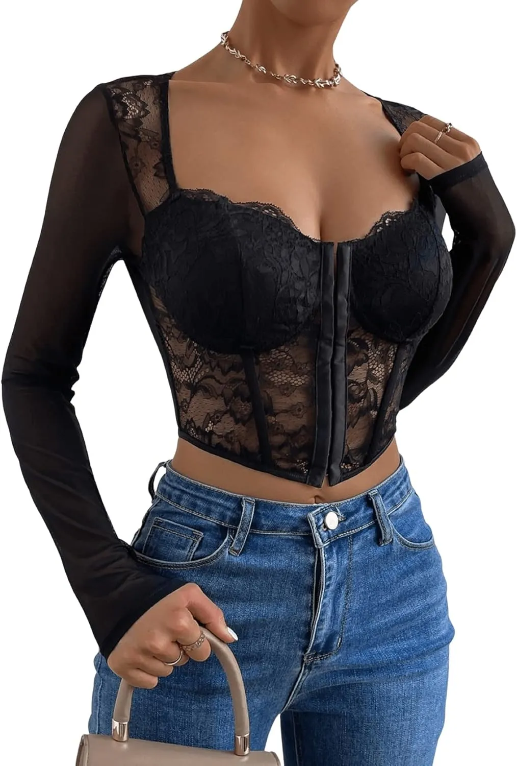 SHENHE Women's Lace Top Sheer Mesh Long Sleeve Asymmetrical Hem Sexy T Shirt Bustier Crop Tops