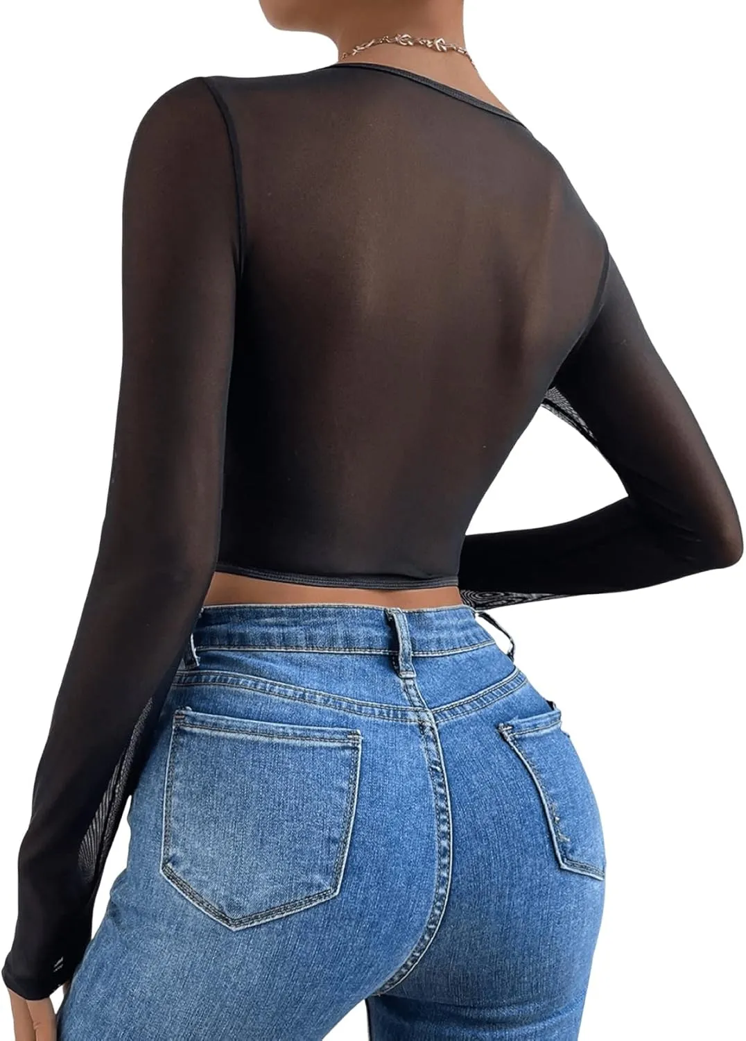 SHENHE Women's Lace Top Sheer Mesh Long Sleeve Asymmetrical Hem Sexy T Shirt Bustier Crop Tops