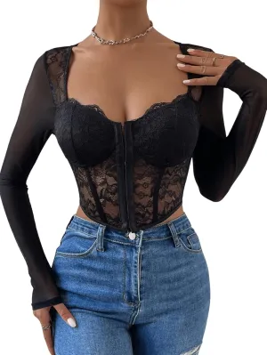 SHENHE Women's Lace Top Sheer Mesh Long Sleeve Asymmetrical Hem Sexy T Shirt Bustier Crop Tops