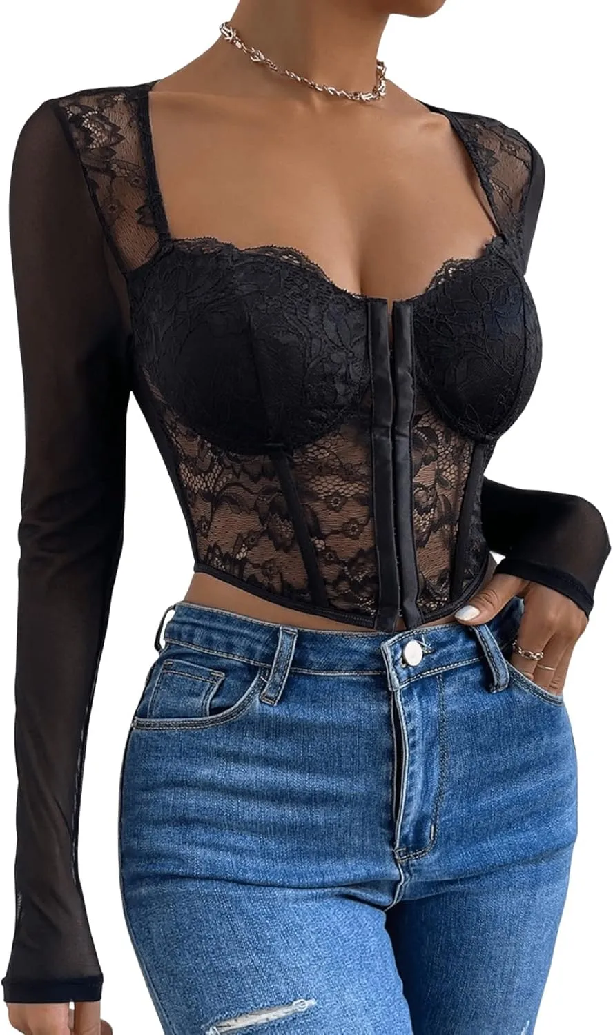 SHENHE Women's Lace Top Sheer Mesh Long Sleeve Asymmetrical Hem Sexy T Shirt Bustier Crop Tops