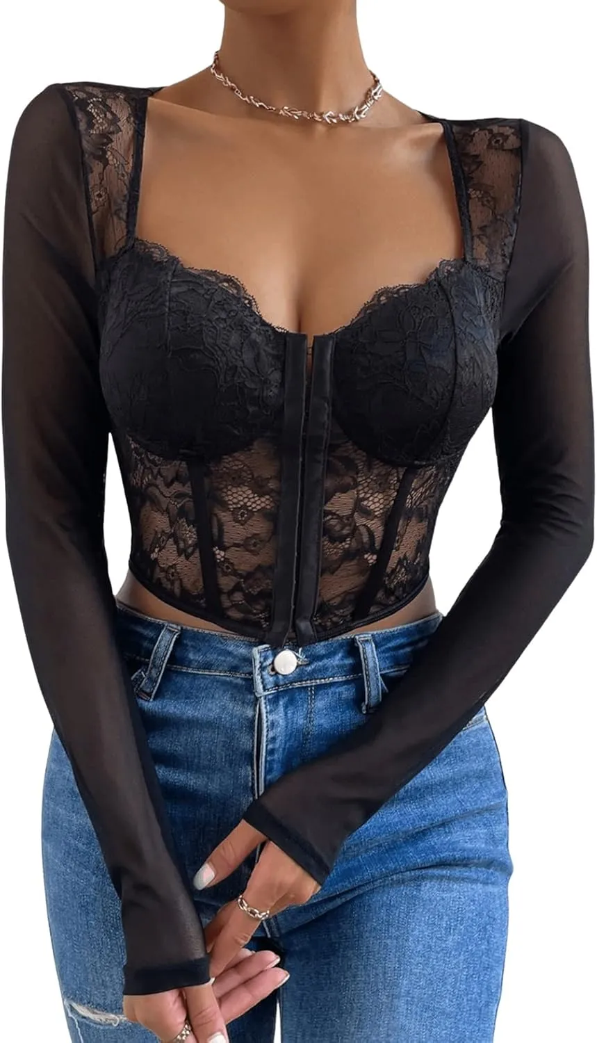 SHENHE Women's Lace Top Sheer Mesh Long Sleeve Asymmetrical Hem Sexy T Shirt Bustier Crop Tops