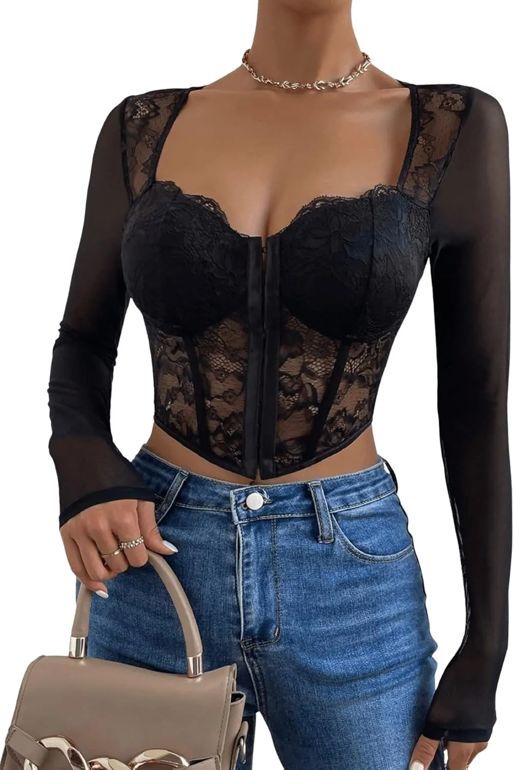SHENHE Women's Lace Top Sheer Mesh Long Sleeve Asymmetrical Hem Sexy T Shirt Bustier Crop Tops
