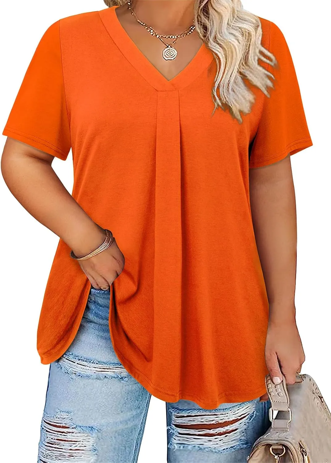 Siddhe Plus Size Summer Tops for Women 2025 Short Sleeve Tunic Tops Dressy Casual Pleated V Neck Shirts XL-5XL