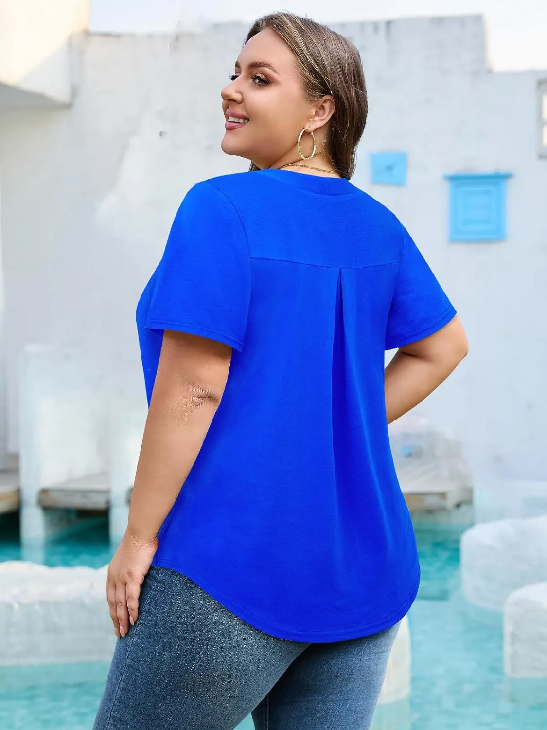 Siddhe Plus Size Summer Tops for Women 2025 Short Sleeve Tunic Tops Dressy Casual Pleated V Neck Shirts XL-5XL