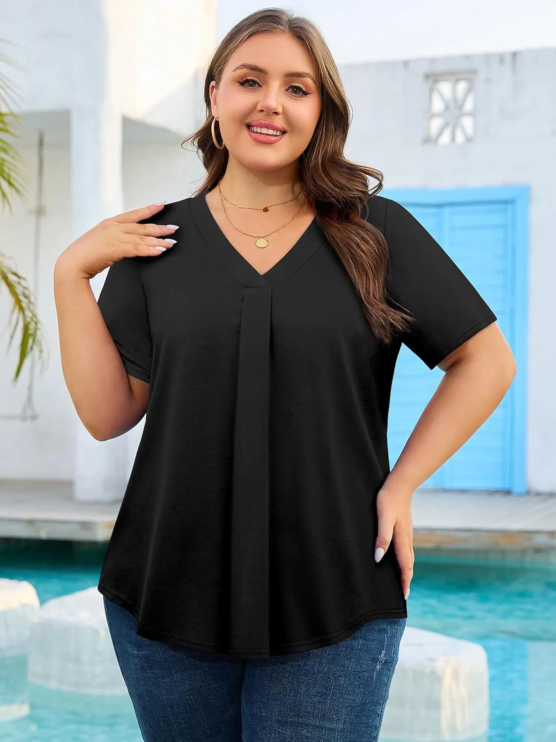 Siddhe Plus Size Summer Tops for Women 2025 Short Sleeve Tunic Tops Dressy Casual Pleated V Neck Shirts XL-5XL