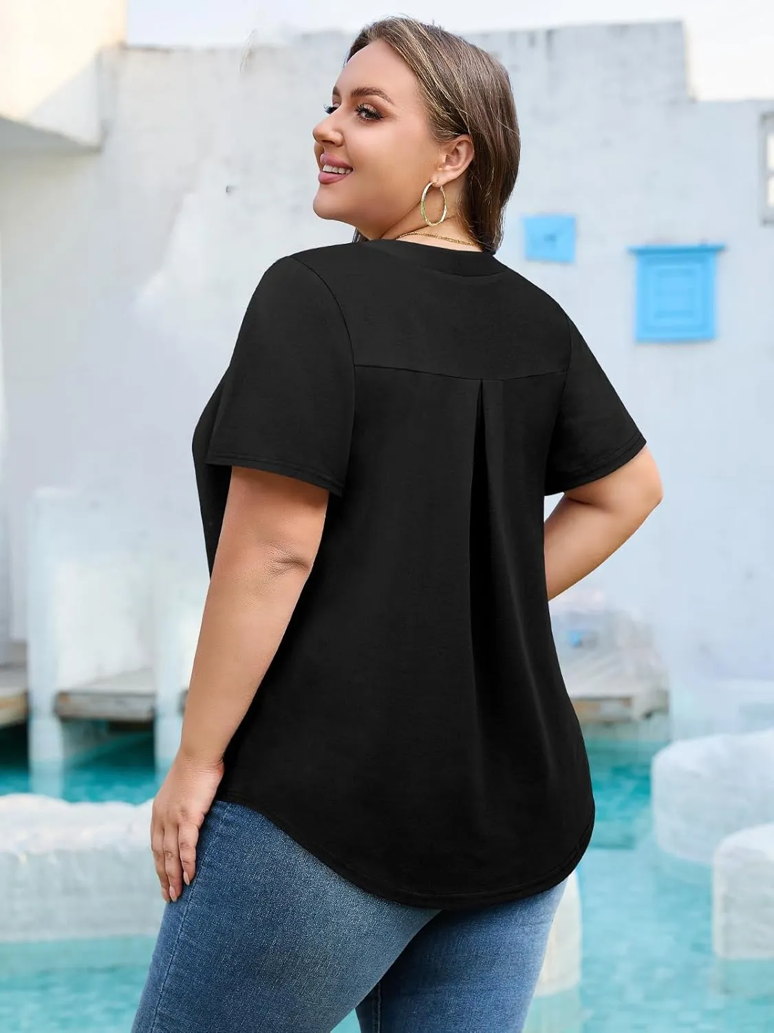 Siddhe Plus Size Summer Tops for Women 2025 Short Sleeve Tunic Tops Dressy Casual Pleated V Neck Shirts XL-5XL