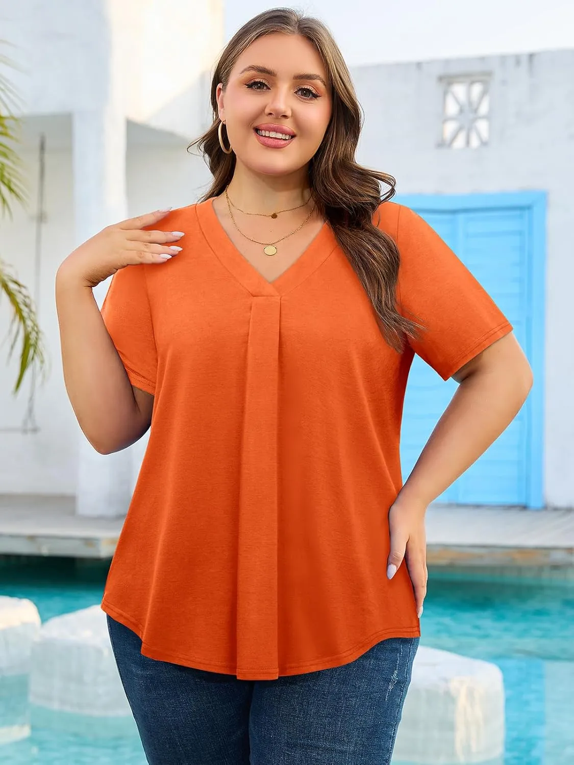 Siddhe Plus Size Summer Tops for Women 2025 Short Sleeve Tunic Tops Dressy Casual Pleated V Neck Shirts XL-5XL