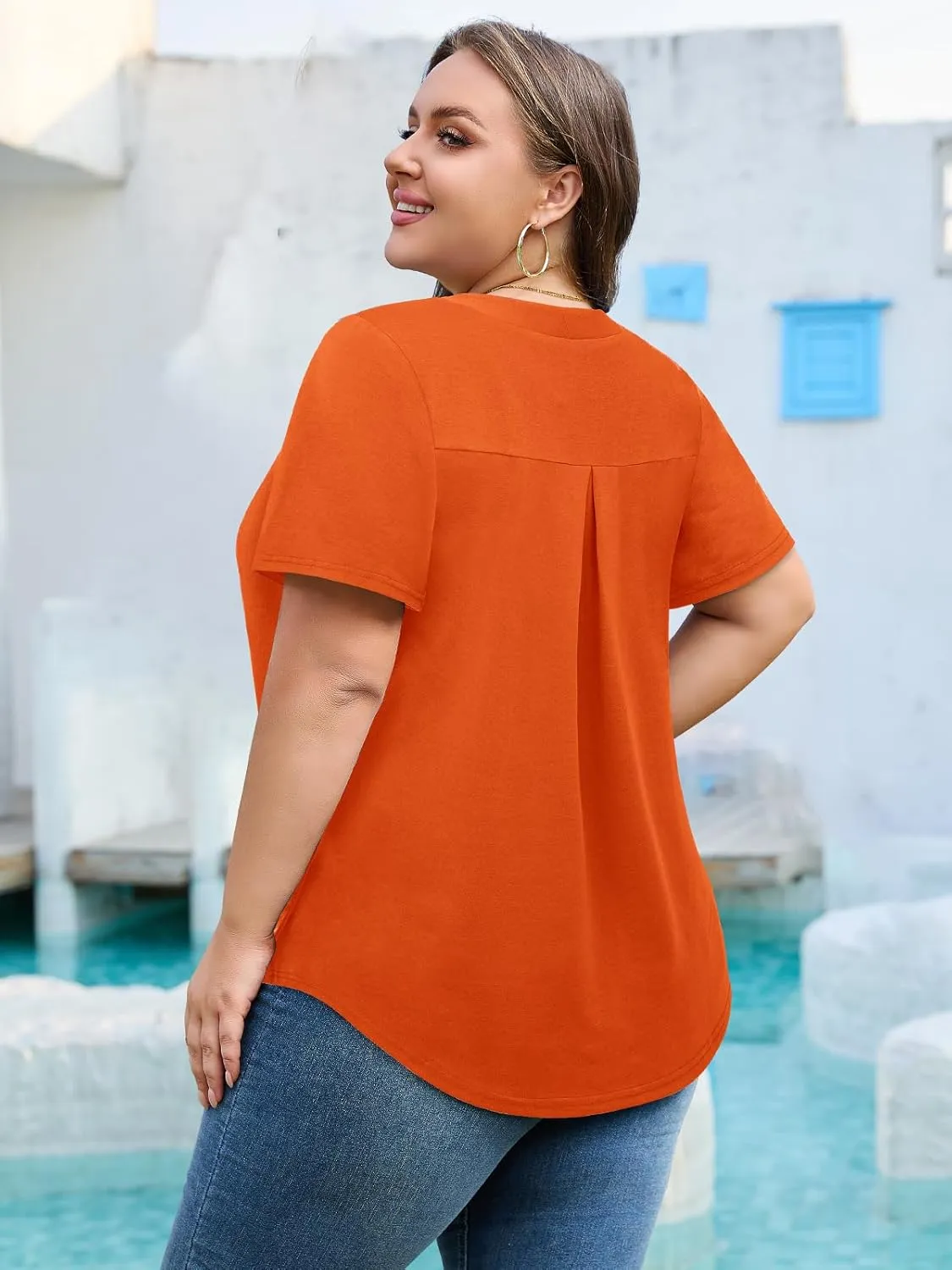 Siddhe Plus Size Summer Tops for Women 2025 Short Sleeve Tunic Tops Dressy Casual Pleated V Neck Shirts XL-5XL