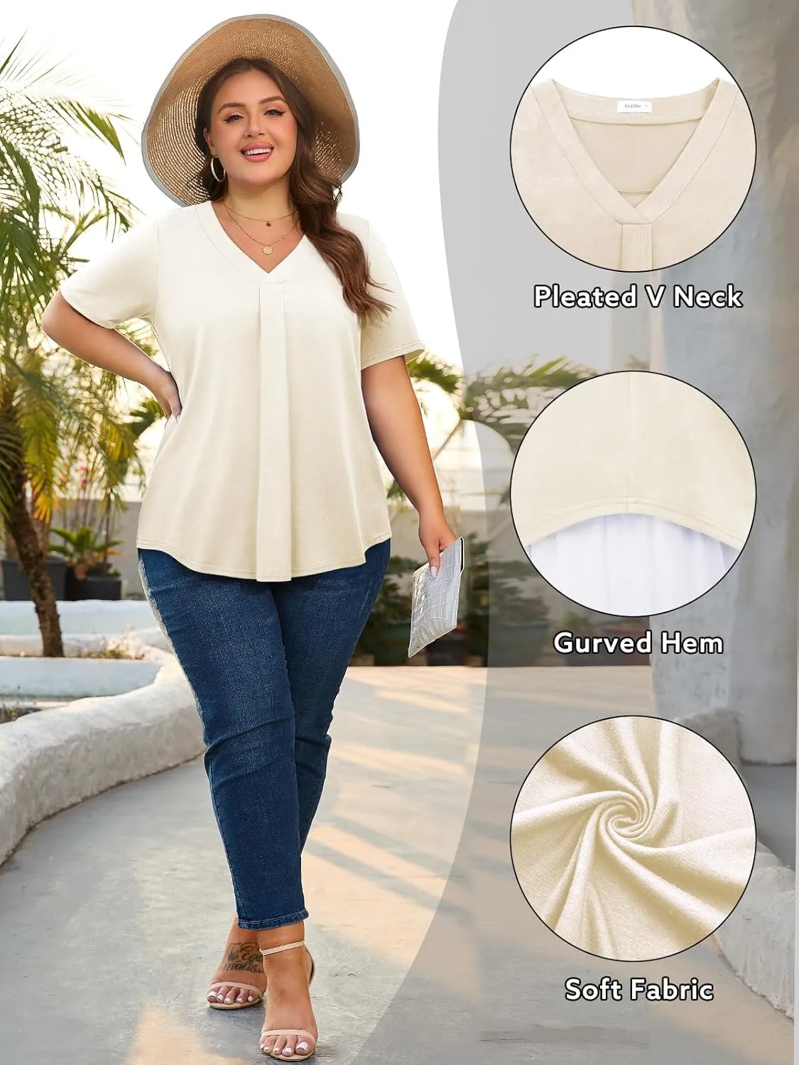 Siddhe Plus Size Summer Tops for Women 2025 Short Sleeve Tunic Tops Dressy Casual Pleated V Neck Shirts XL-5XL