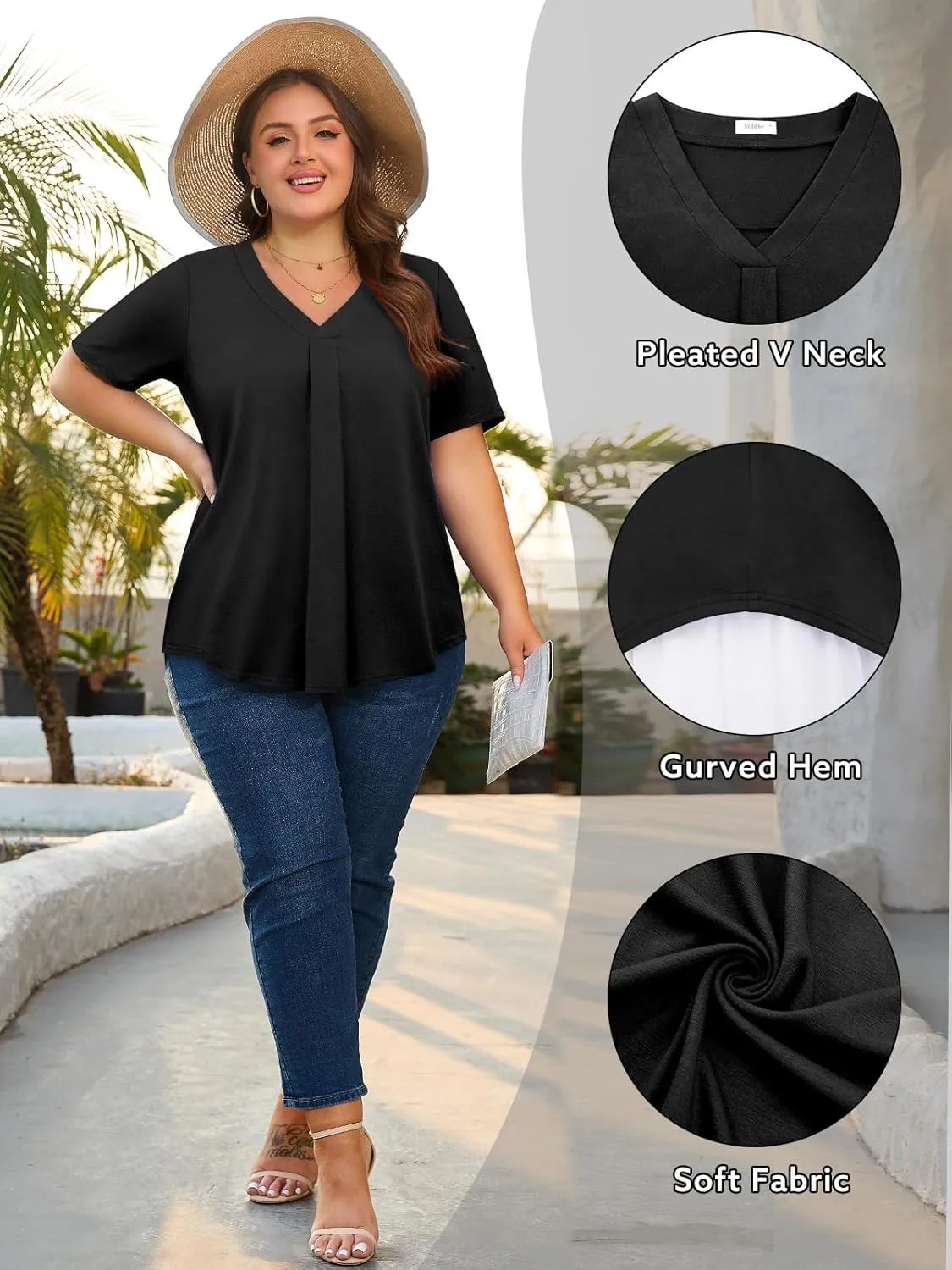 Siddhe Plus Size Summer Tops for Women 2025 Short Sleeve Tunic Tops Dressy Casual Pleated V Neck Shirts XL-5XL