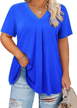 Siddhe Plus Size Summer Tops for Women 2025 Short Sleeve Tunic Tops Dressy Casual Pleated V Neck Shirts XL-5XL