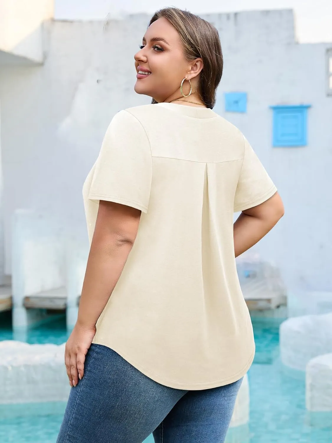 Siddhe Plus Size Summer Tops for Women 2025 Short Sleeve Tunic Tops Dressy Casual Pleated V Neck Shirts XL-5XL