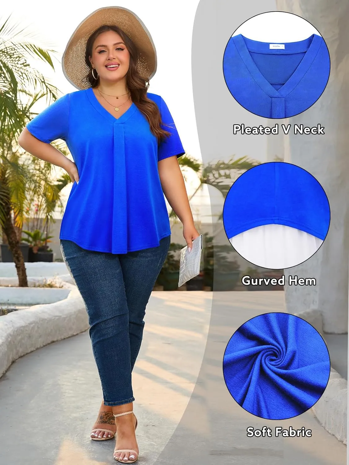 Siddhe Plus Size Summer Tops for Women 2025 Short Sleeve Tunic Tops Dressy Casual Pleated V Neck Shirts XL-5XL
