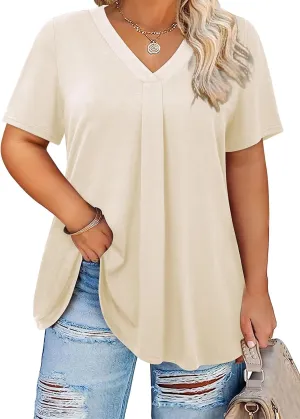 Siddhe Plus Size Summer Tops for Women 2025 Short Sleeve Tunic Tops Dressy Casual Pleated V Neck Shirts XL-5XL