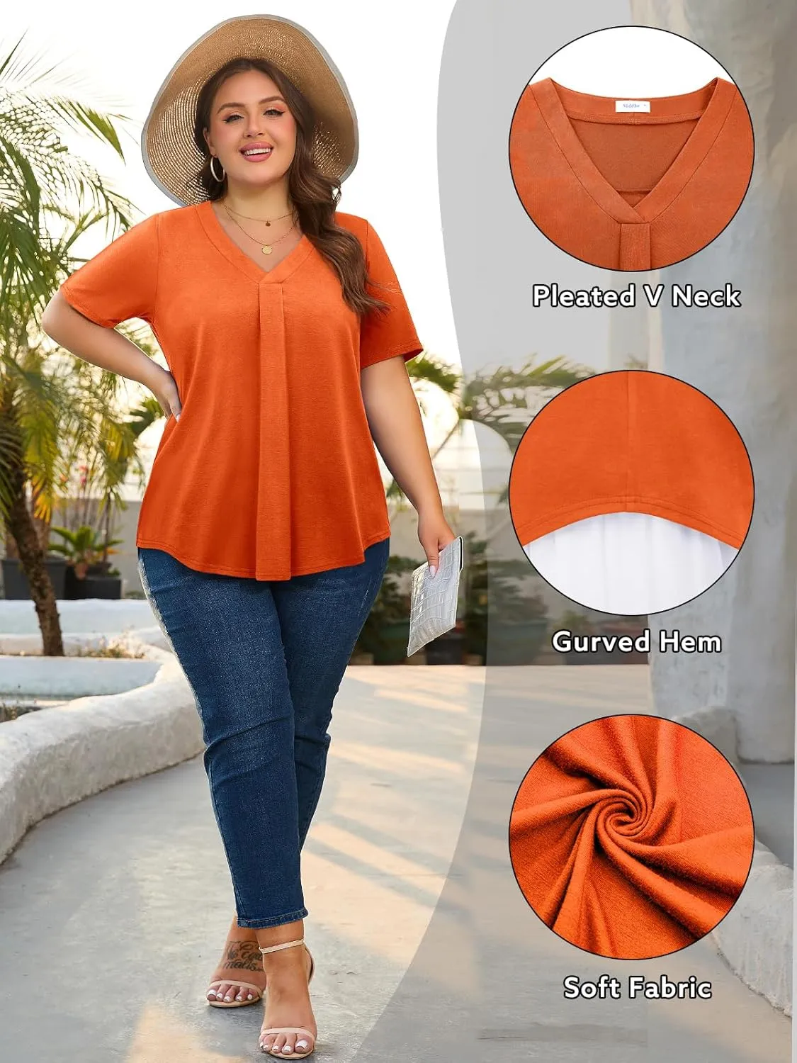 Siddhe Plus Size Summer Tops for Women 2025 Short Sleeve Tunic Tops Dressy Casual Pleated V Neck Shirts XL-5XL