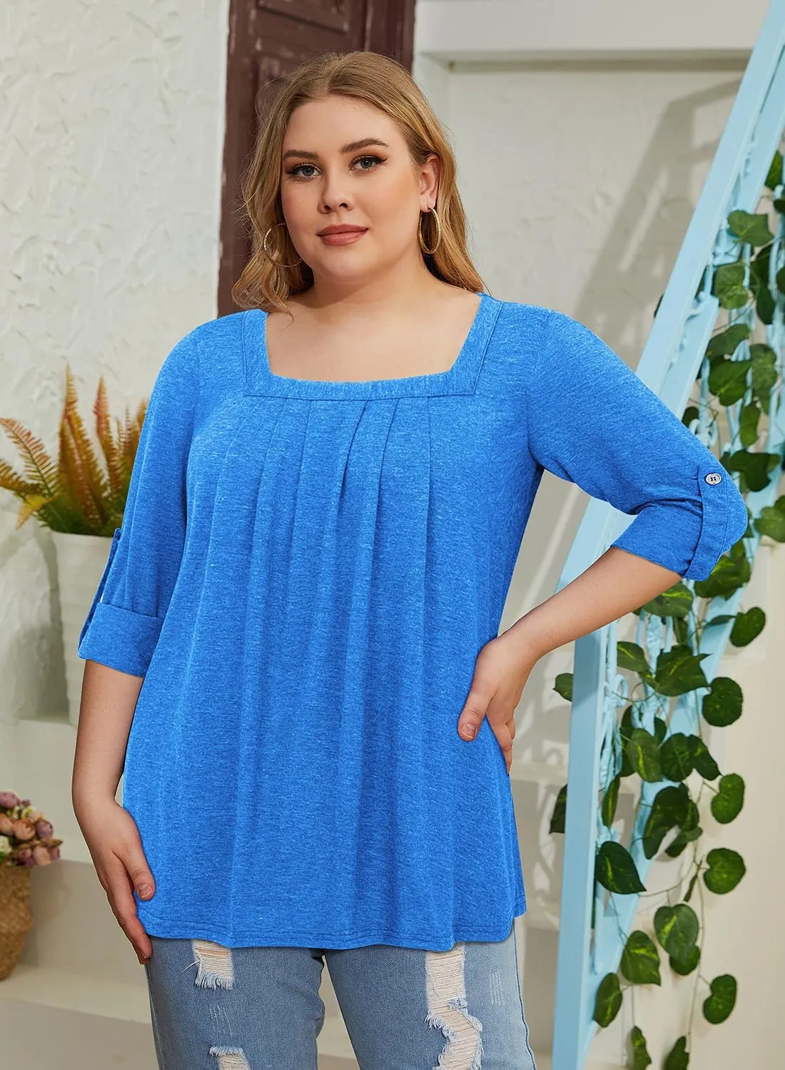 Siddhe Women Short Sleeve Plus Size Tunics, Square Neck Tops Casual Loose Fit T Shirt Blouse Summer 2025